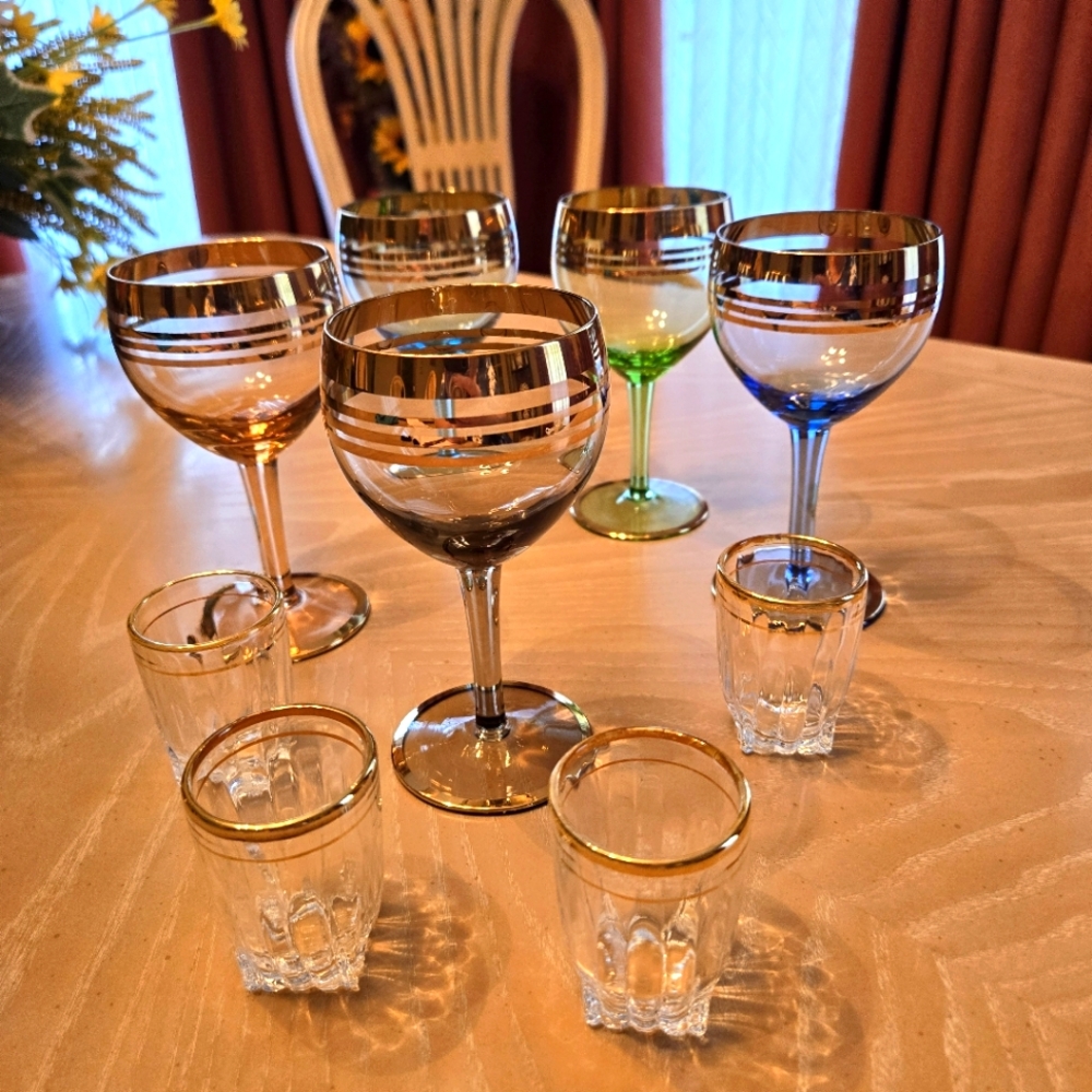 Vintage Gold Band 5-Piece Stemware Wine Glasses & 4-Piece Shot Glasses